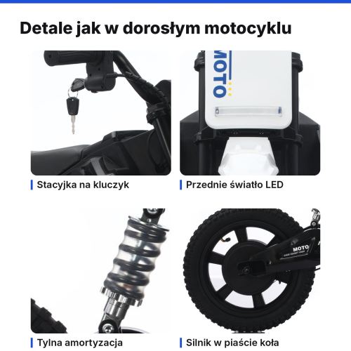 Elektryczny motocykl dla dzieci 36V 300 W, pompowane koła | Nelik