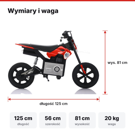 Elektryczny motocykl dla dzieci 36V 300 W, pompowane koła | Nelik